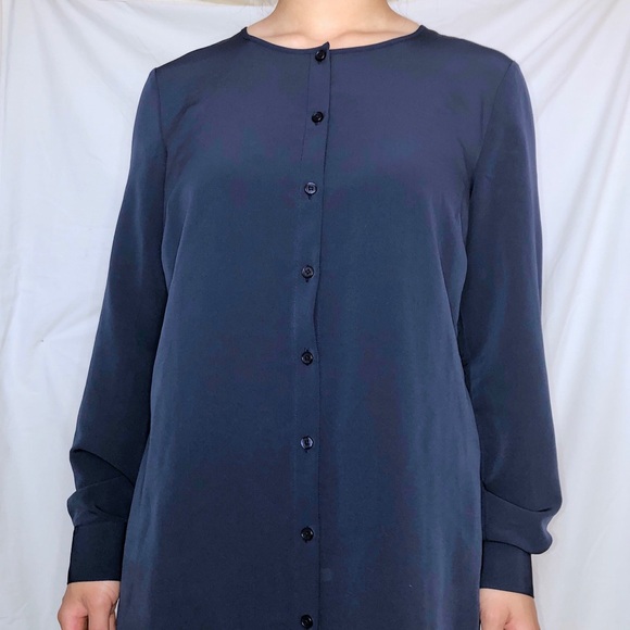 NWOT JACOB Collarless Blue/ Navy Satin Shirt Dress - Picture 2 of 6